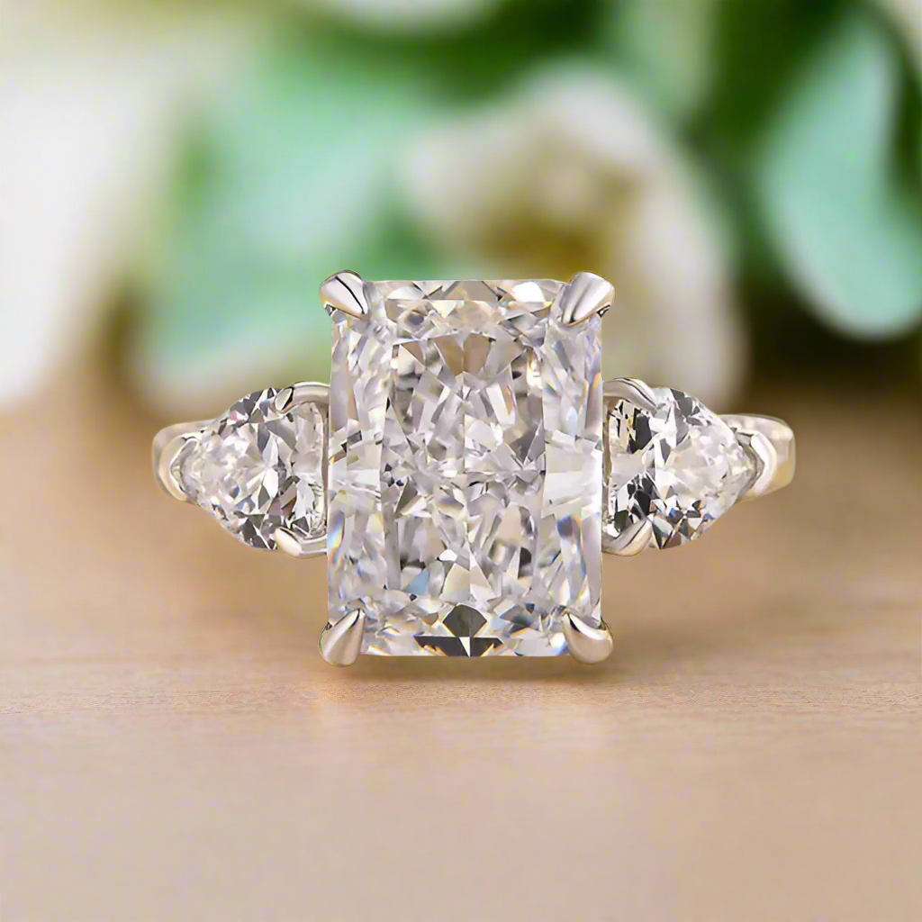 Radiant Cut & Heart Cut 3.0ct Diamond Three Stone Engagement Ring-Evani Naomi Jewelry