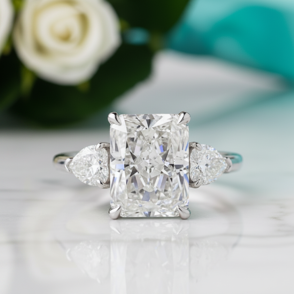 Radiant Cut & Heart Cut 3.0ct Diamond Three Stone Engagement Ring-Evani Jewelry