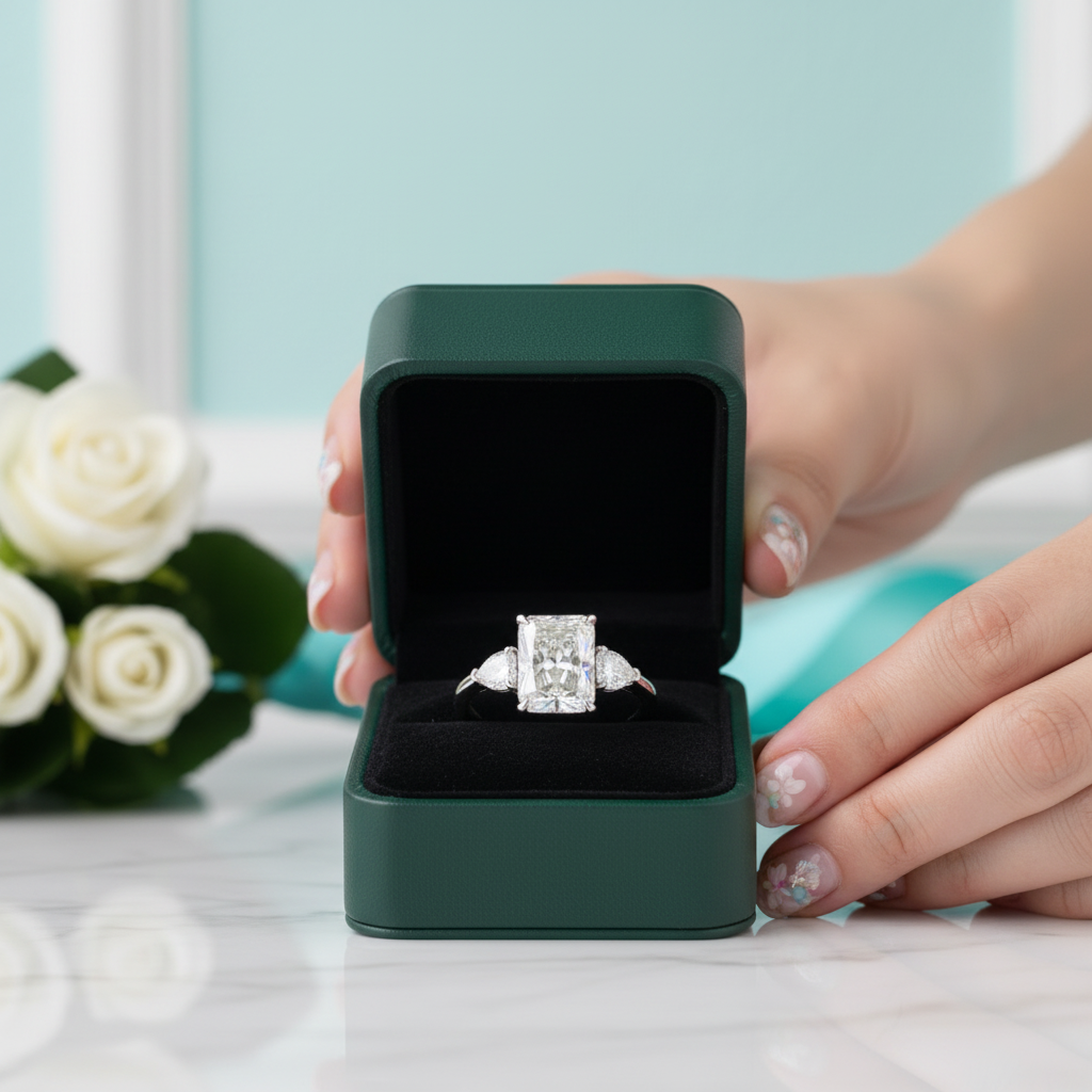 Radiant Cut & Heart Cut 3.0ct Diamond Option Three Stone Engagement Ring - Evani Naomi Jewelry