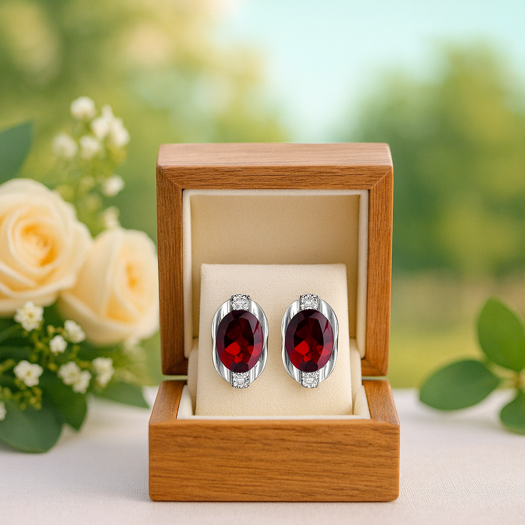 Red gemstone earrings in a wooden box with flowers in the background