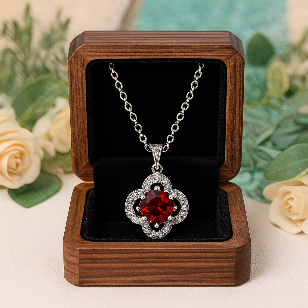 Red heart-shaped pendant necklace in a wooden box with flowers in the background