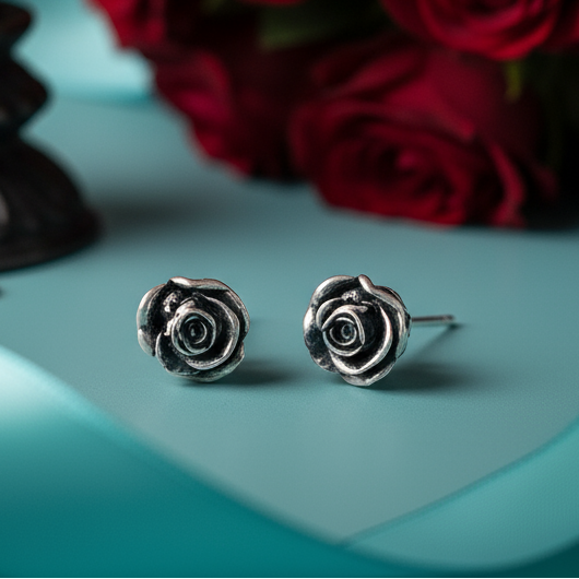 Retro Black Death Rose Flower Stud Earrings-Evani Naomi Jewelry