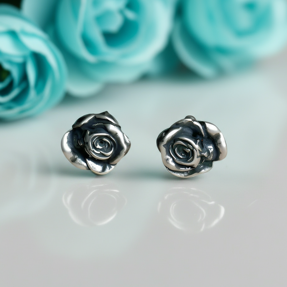 Retro Black Death Rose Flower Stud Earrings-Evani Naomi Jewelry
