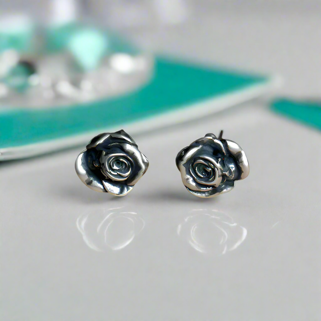 Retro Black Death Rose Flower Stud Earrings-Evani Naomi Jewelry