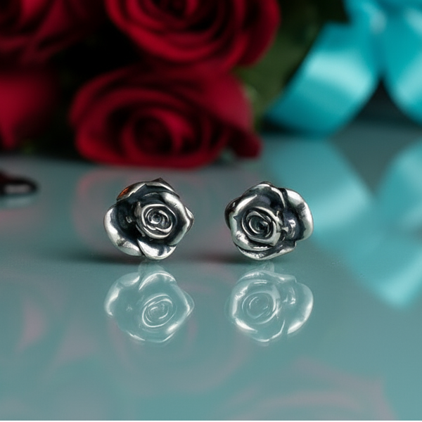 Retro Black Death Rose Flower Stud Earrings-Evani Naomi Jewelry