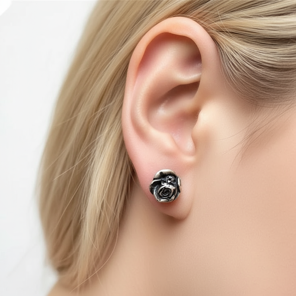 Retro Black Death Rose Flower Stud Earrings-Evani Naomi Jewelry