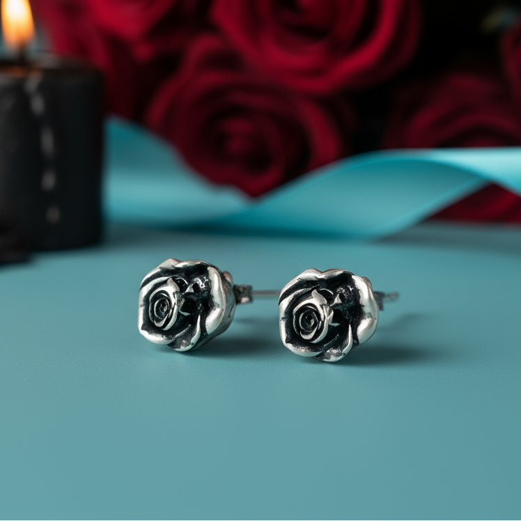Retro Black Death Rose Flower Stud Earrings-Evani Naomi Jewelry