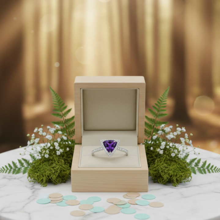 Ring in a wooden box on a marble table with decorative plants and confetti, against a warm curtain background.