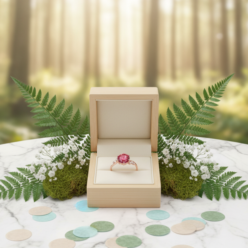 Ring in a wooden box with a forest background