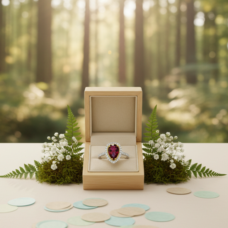 Ring in a wooden box with a forest background