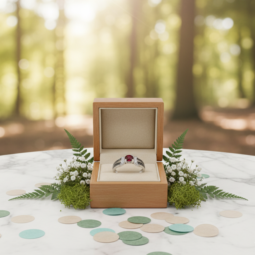 Ring in a wooden box with a forest background