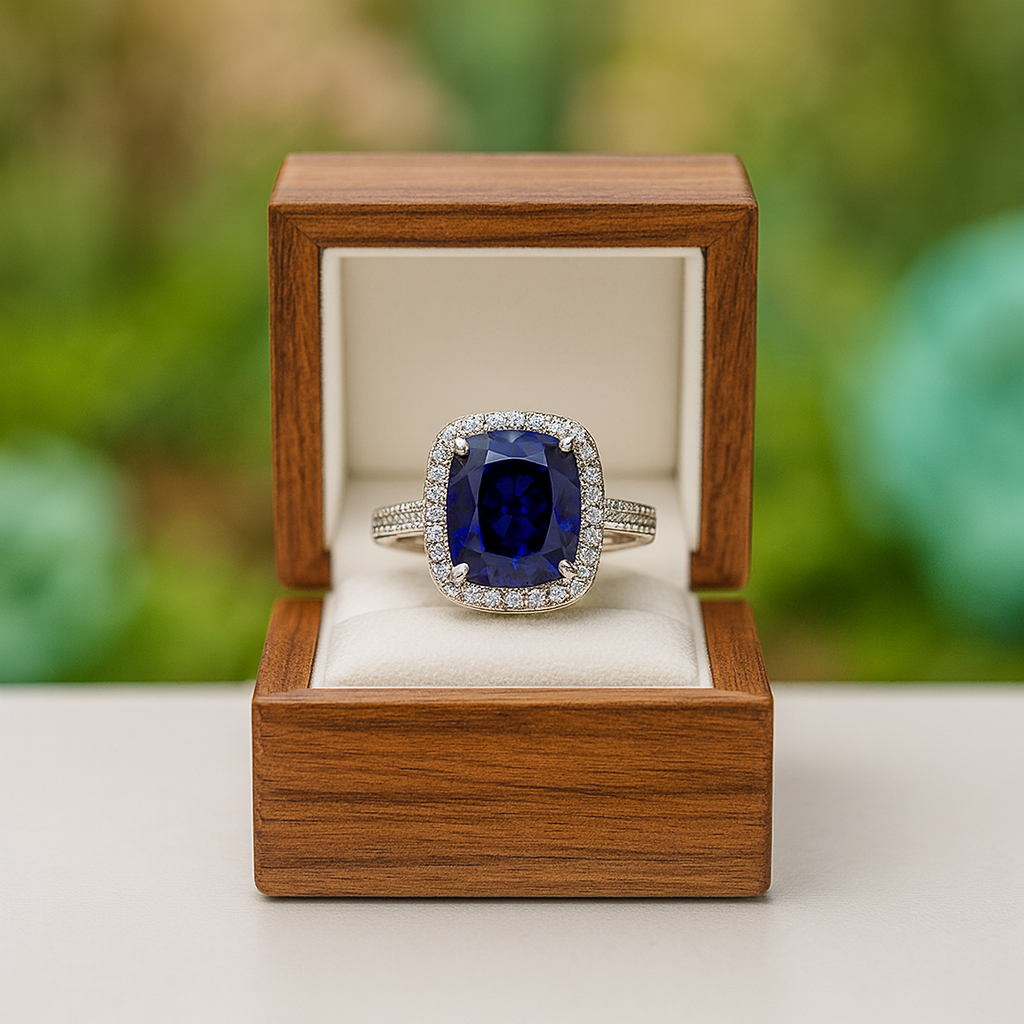 Ring with a blue gemstone in a wooden box against a blurred green background