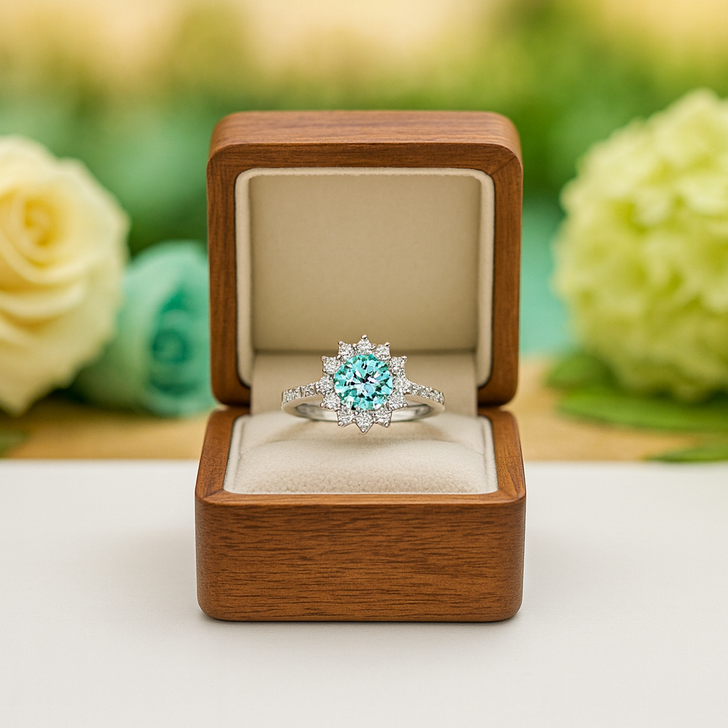 Ring with a blue gemstone in a wooden box against a floral background