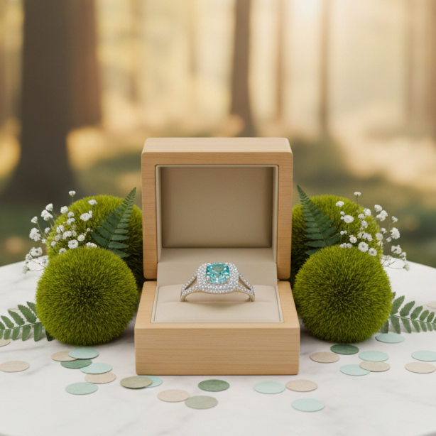 Ring with a blue gemstone in a wooden box surrounded by greenery and flowers.
