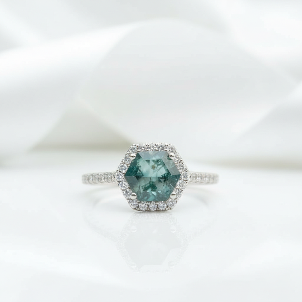 Moonlit Dream- Hexagon Cut Natural Moss Agate Gemstone Ring
