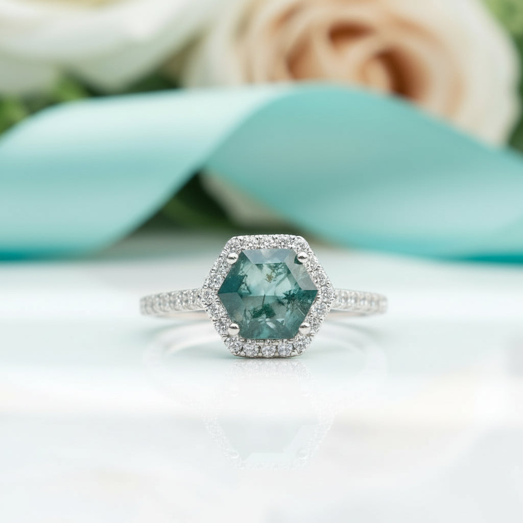 Moonlit Dream- Hexagon Cut Natural Moss Agate Gemstone Ring-Evani Jewelry