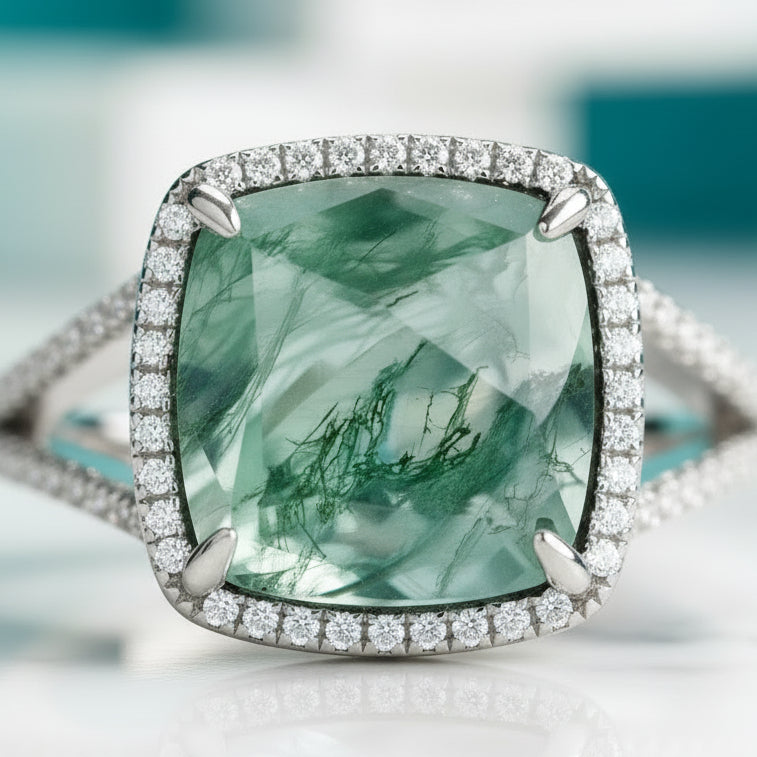 Dewdrop Sparkle- Cushion Cut Natural Moss Agate Ring-Evani Jewelry