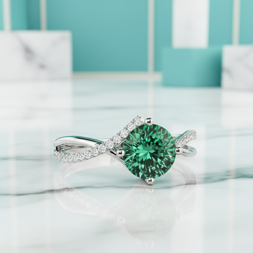 3.0 Ct Round Cut Emerald Twisted Bypass Pave Engagement Ring-Evani Jewelry