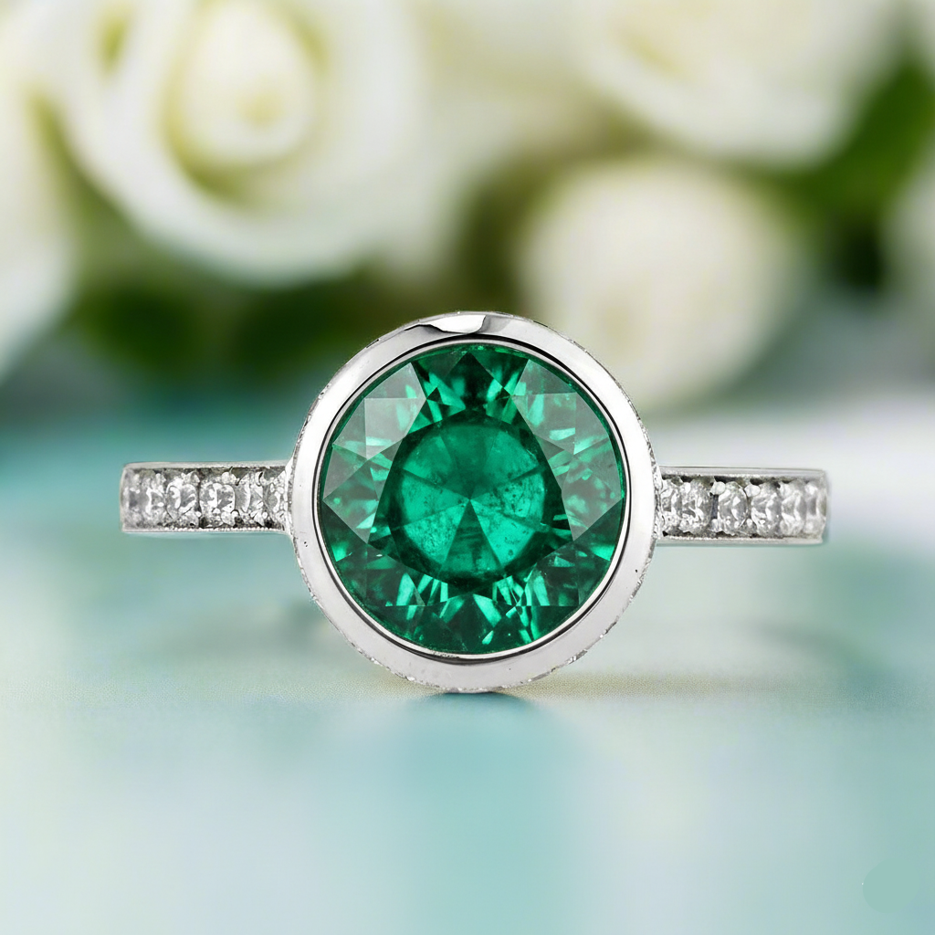 Ring with a green gemstone and diamond accents on a blurred floral background