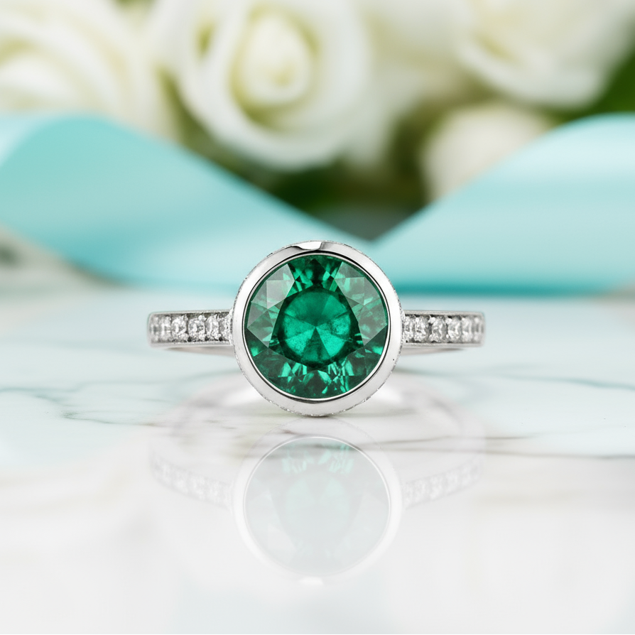 Ring with a green gemstone and diamond accents on a blurred floral background