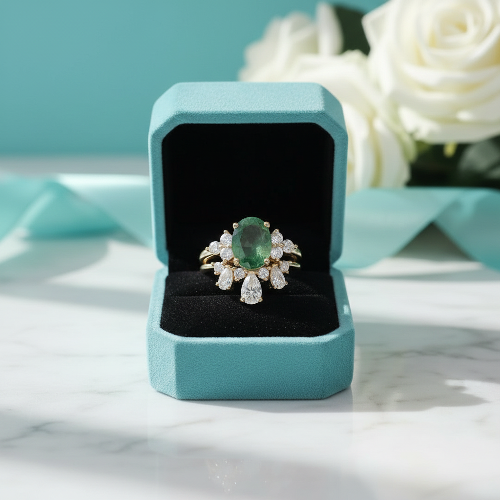 Star-Kissed Gem- Vintage Moss Agate Unique Curved Wedding Band Ring Set - Evani Naomi Jewelry