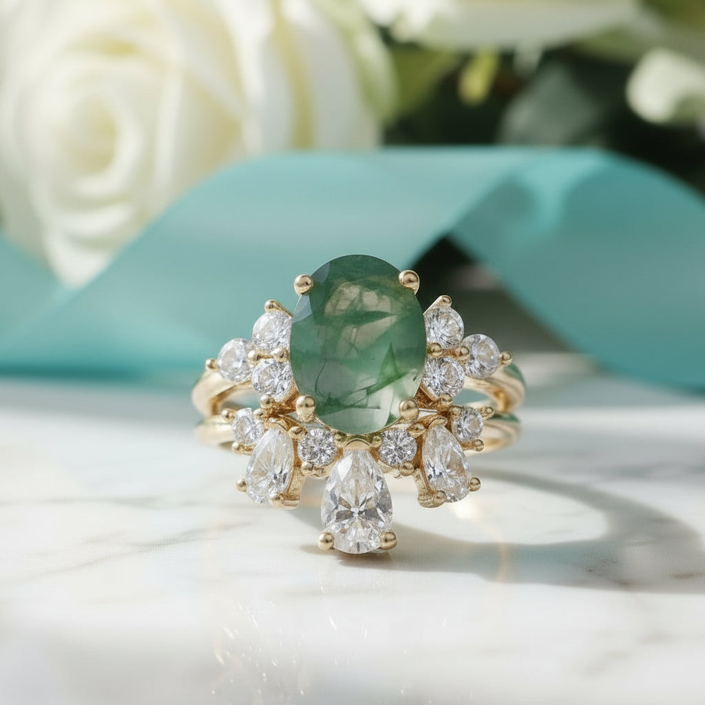 Star-Kissed Gem- Vintage Moss Agate Unique Curved Wedding Band Ring Set-Evani Jewelry