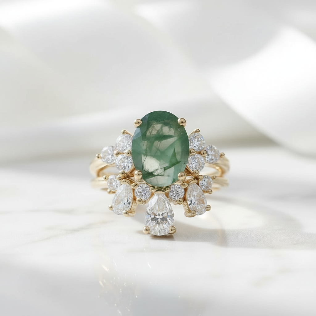 Star-Kissed Gem- Vintage Moss Agate Unique Curved Wedding Band Ring Set