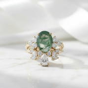 Star-Kissed Gem- Vintage Moss Agate Unique Curved Wedding Band Ring Set