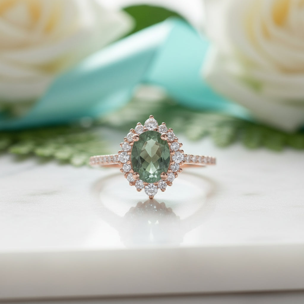 Bloom of Love- Oval Cut Halo Pave Moss Agate Cluster Engagement Rings-Evani Jewelry