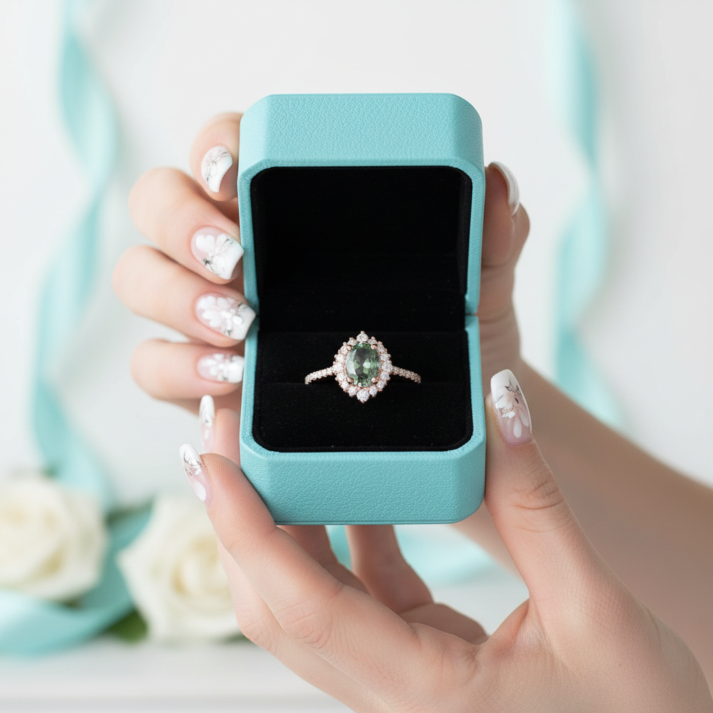 Bloom of Love- Oval Cut Halo Pave Moss Agate Cluster Engagement Rings
