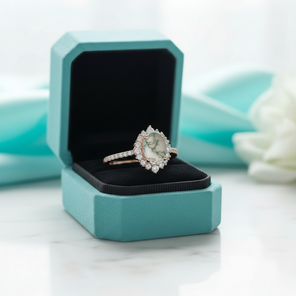 Bloom of Love- Oval Cut Halo Pave Moss Agate Cluster Engagement Rings - Evani Naomi Jewelry