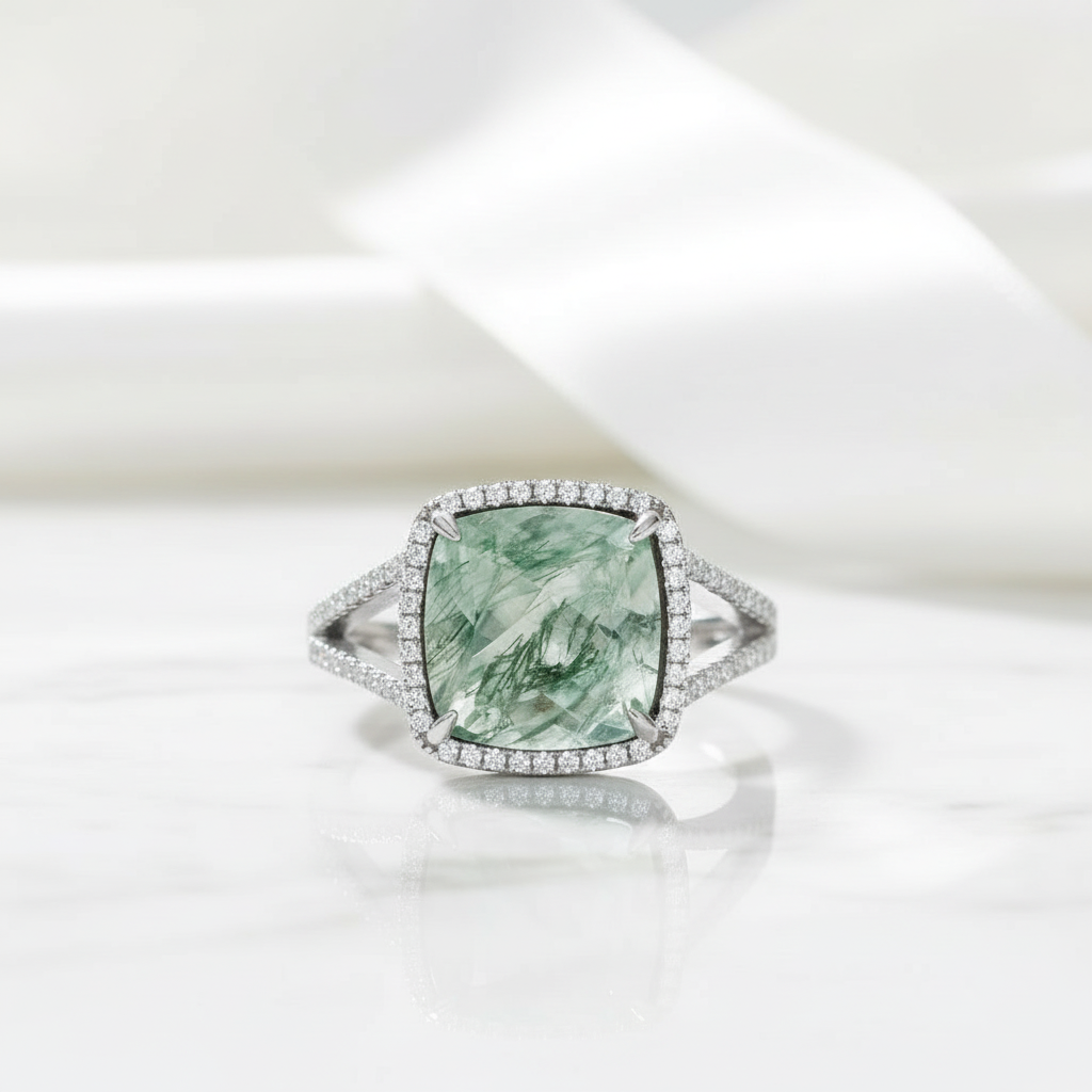 Dewdrop Sparkle- Cushion Cut Natural Moss Agate Ring