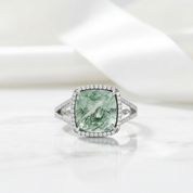 Dewdrop Sparkle- Cushion Cut Natural Moss Agate Ring