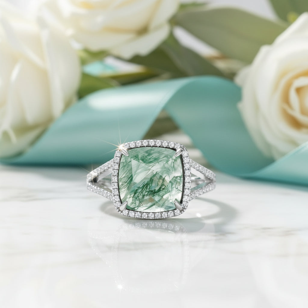 Dewdrop Sparkle- Cushion Cut Natural Moss Agate Ring-Evani Jewelry