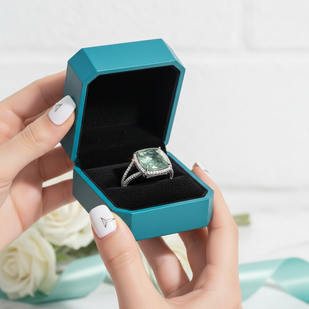 Dewdrop Sparkle- Cushion Cut Natural Moss Agate Ring