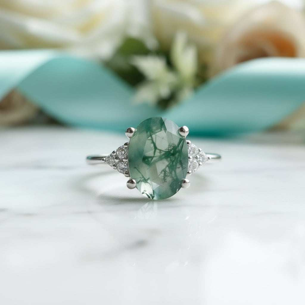 Captured Eternity- Oval Cut Natural Moss Agate Rings-Evani Jewelry