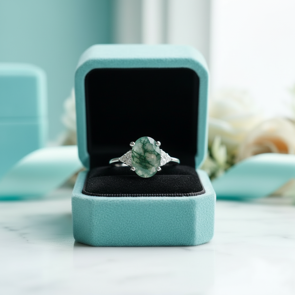 Captured Eternity- Oval Cut Natural Moss Agate Rings