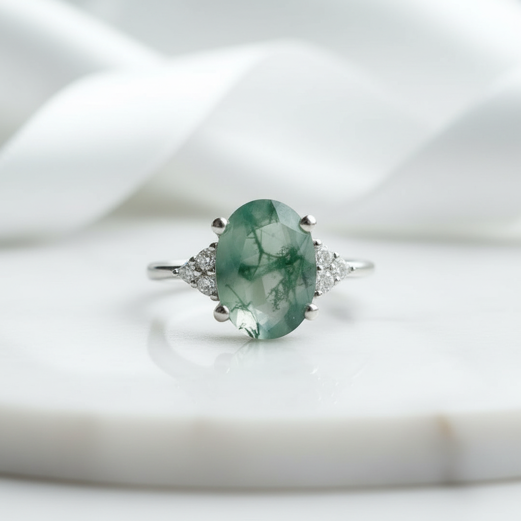 Captured Eternity- Oval Cut Natural Moss Agate Rings