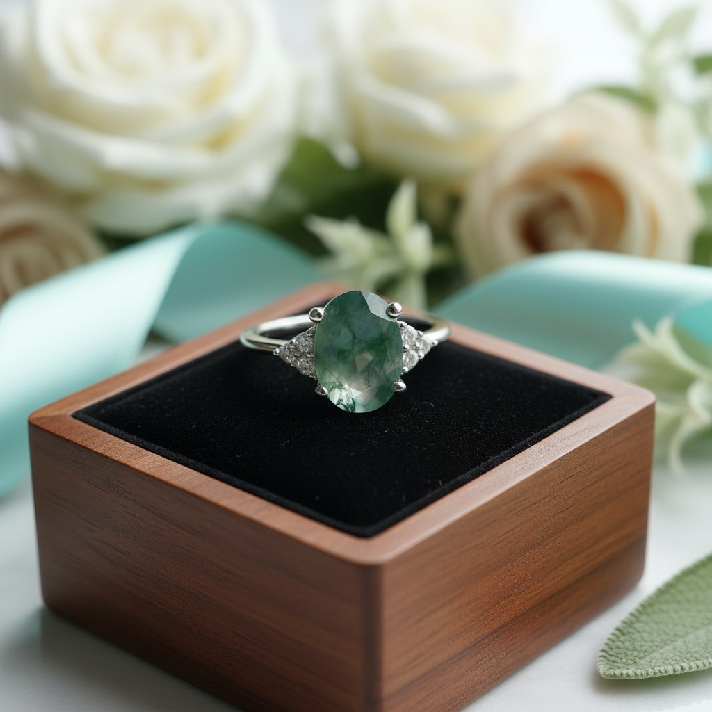 Captured Eternity- Oval Cut Natural Moss Agate Rings