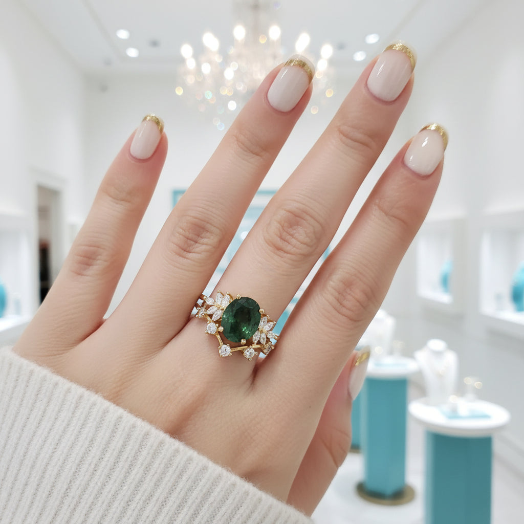 Alchemist's Heart- Vintage Moss Agate Cluster Curved Wedding Band Ring Set-Evani Jewelry