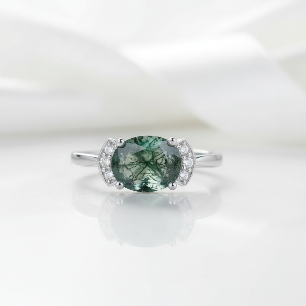 Cosmic Connection- Oval Cut Moss Agate Vintage Engagement Rings