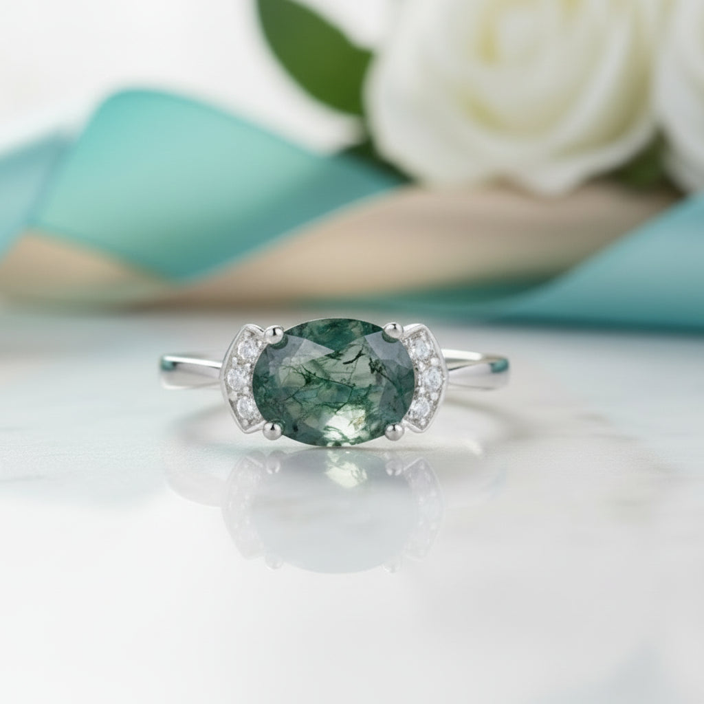 Cosmic Connection- Oval Cut Moss Agate Vintage Engagement Rings-Evani Jewelry