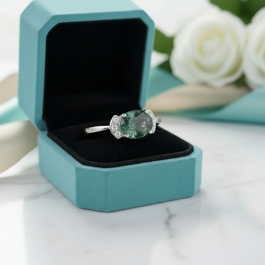 Cosmic Connection- Oval Cut Moss Agate Vintage Engagement Rings - Evani Naomi Jewelry