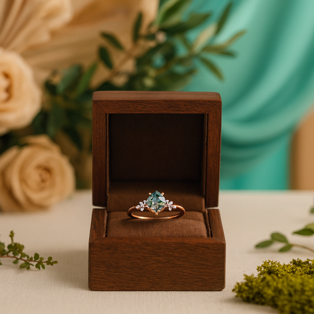 Ring with a green gemstone in a wooden box on a table with flowers in the background