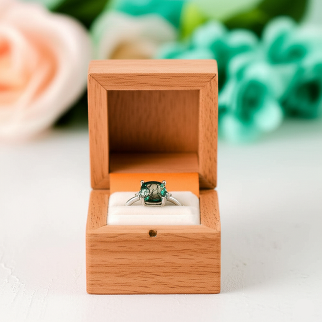 Ring with a green gemstone in an open wooden box on a white surface with blurred flowers in the background.