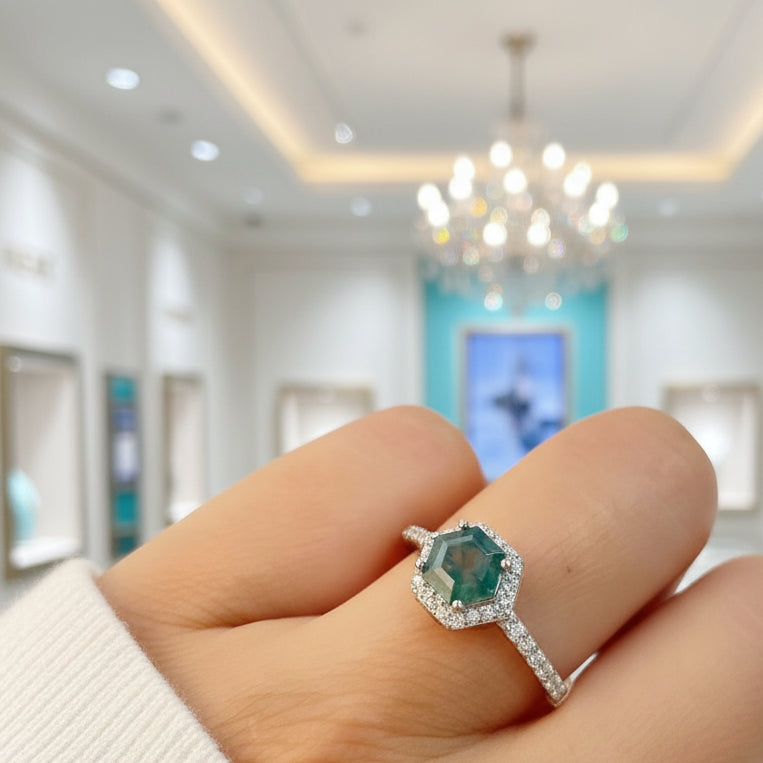 Moonlit Dream- Hexagon Cut Natural Moss Agate Gemstone Ring-Evani Jewelry