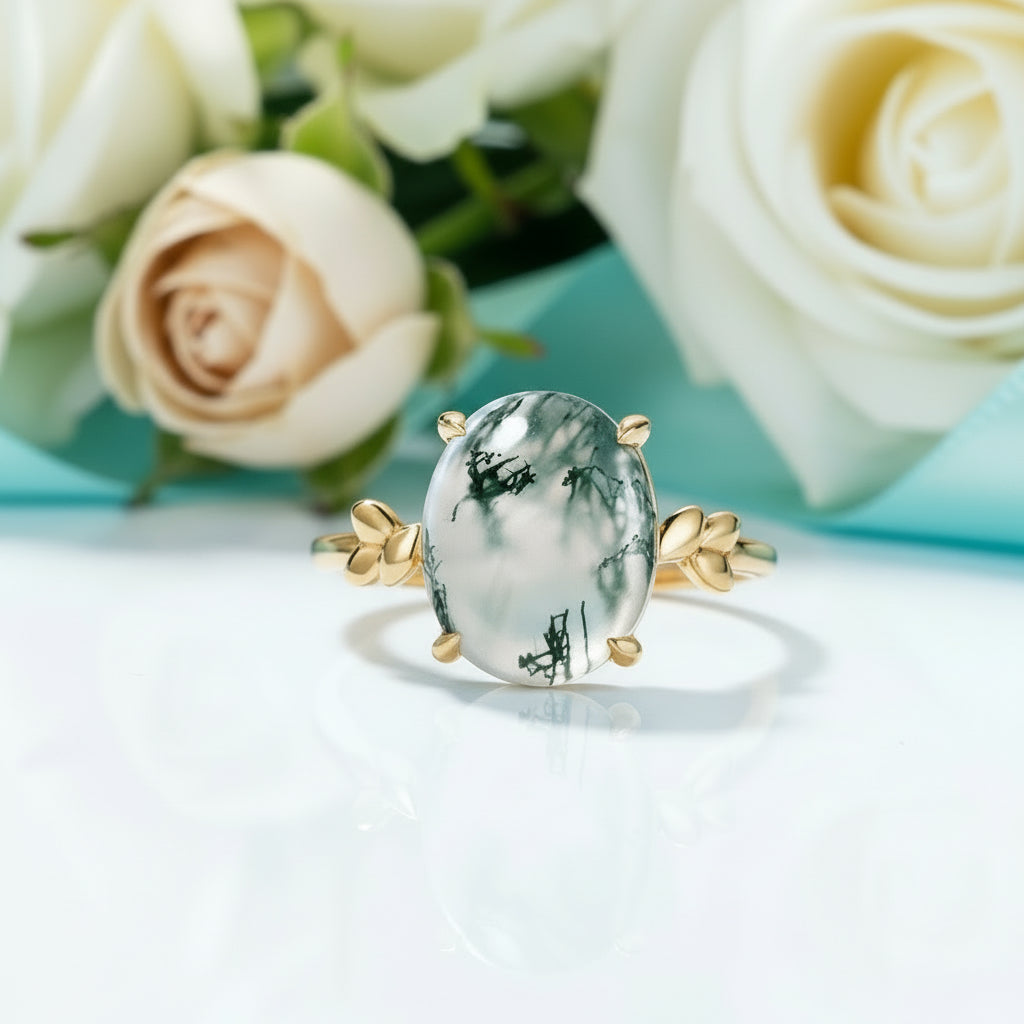 Love Untouched by Time- Unique Oval Natural Moss Agate Rings-Evani Jewelry