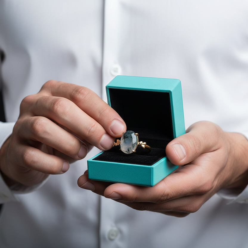 Love Untouched by Time- Unique Oval Natural Moss Agate Rings