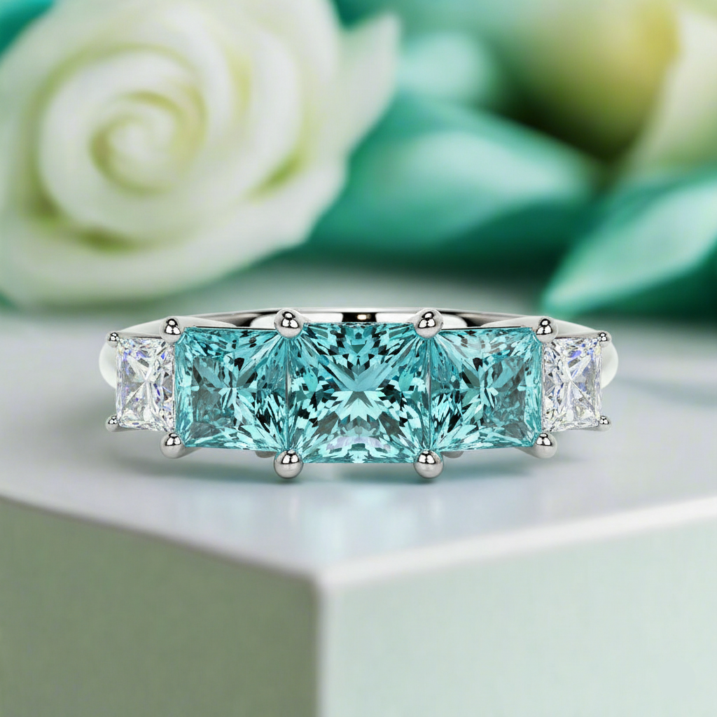 Ring with a large blue gemstone and smaller clear stones on a light background