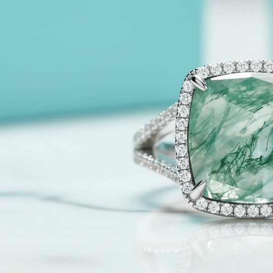 Dewdrop Sparkle- Cushion Cut Natural Moss Agate Ring-Evani Jewelry